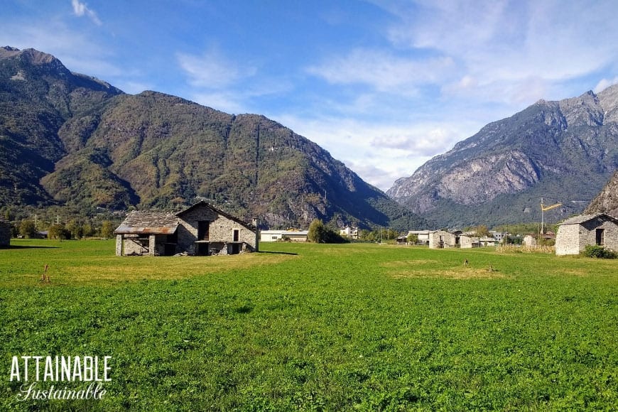 Dreaming of homesteading? Find out how to go about buying and starting a homestead on a budget! With these tips, you can make that homestead dream come true! 绿色领域与背景的石头建筑和山峰