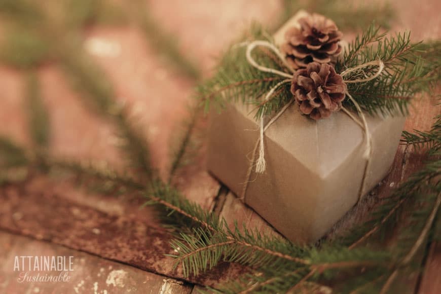Gift giving is one of the joys of the holiday season. If you're trying to live a simpler, less wasteful life these eco friendly gift ideas will help. 牛皮纸包装的包裹用松果和绿色植物
