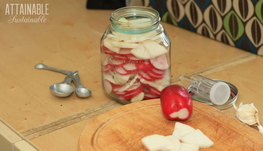 If you've never thought about preserving radishes from the garden, this recipe for lacto fermented radishes with turnips might change your mind. 使发酵萝卜 - 在玻璃瓶切片萝卜具有切割板和测量匙