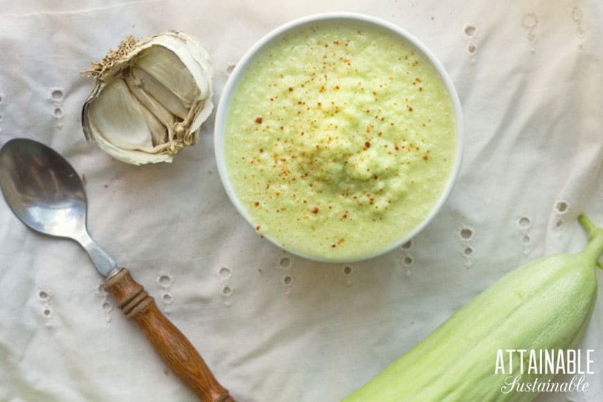 Make the most of garden fresh cucumbers - blend them up with fresh garlic to make a flavorful picante style cucumber salsa to add flavor to a meal. 从上往下,把黄瓜放在一个白色的碗里