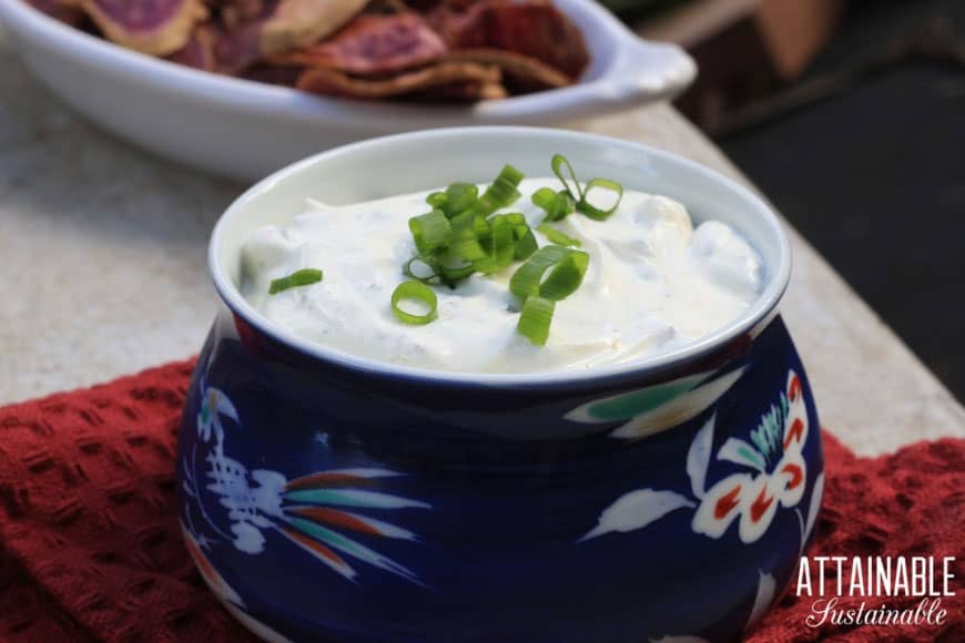 Made from fresh ingredients, this green onion dip recipe is healthier stand in than instant flavor packets. Serve with fresh veggies or your favorite chip! 青葱酱的配方,在一个蓝色的碗里,用青葱装饰