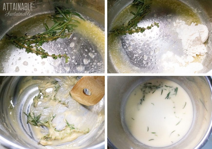 配料——草药和面粉——在一个速溶锅里的特写(加工照片)