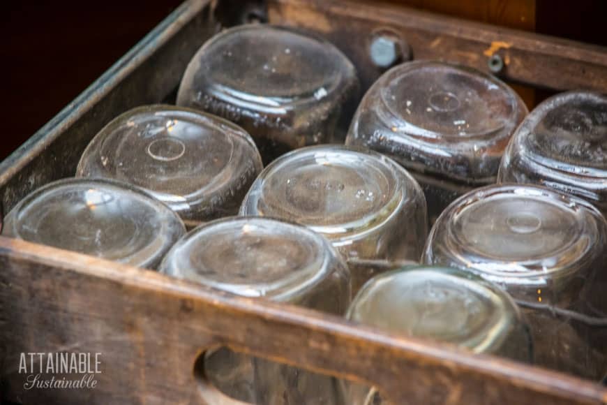 canning jars in a wooden box