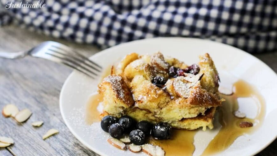 Blueberry French toast casserole on a white plate